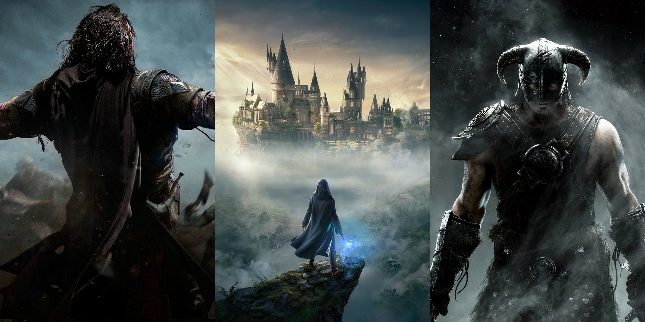 Feature image depicting Shadow of Mordor, Hogwarts Legacy, and Skyrim