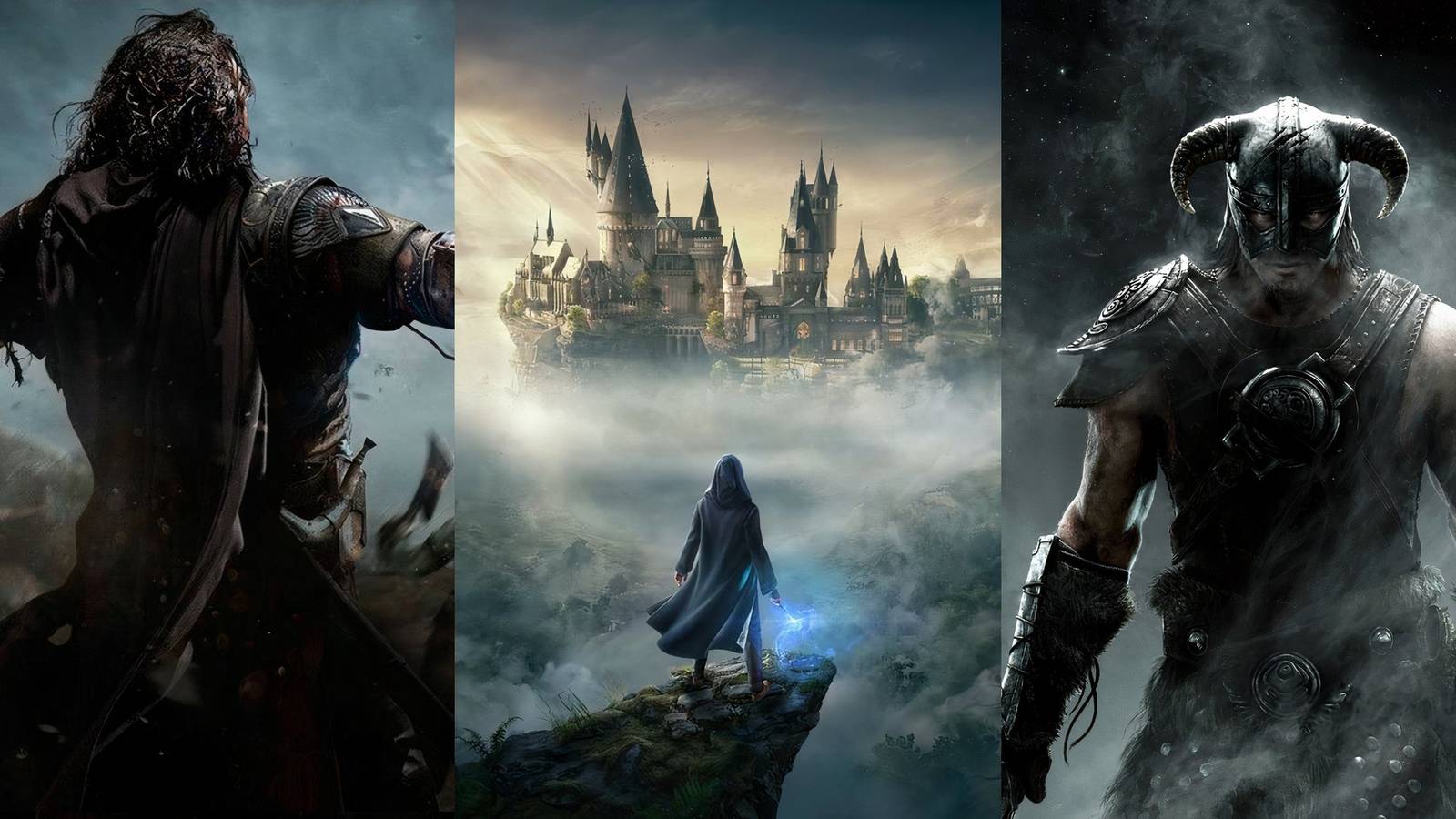 Feature image depicting Shadow of Mordor, Hogwarts Legacy, and Skyrim
