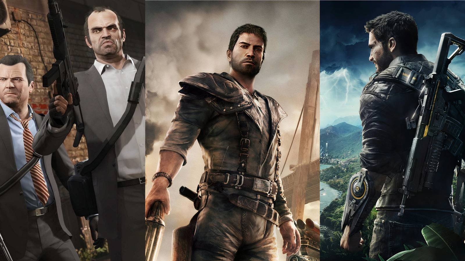 Feature image depicting GTA 5, Mad Max, and Just Cause 4