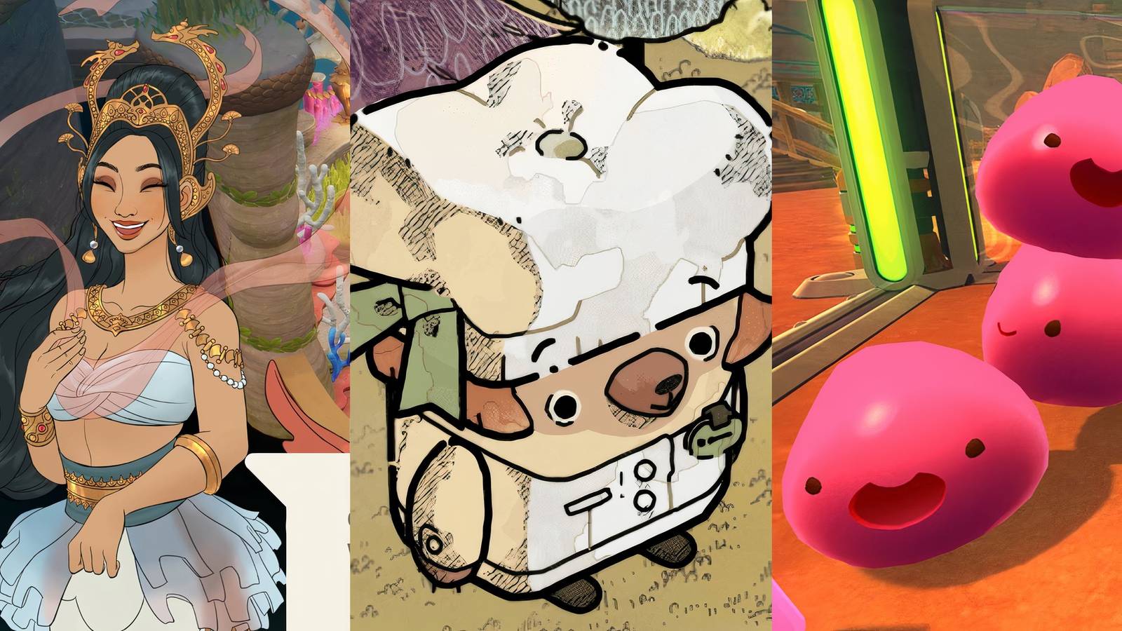 Mermaid, bear ghost, and slimes laughing