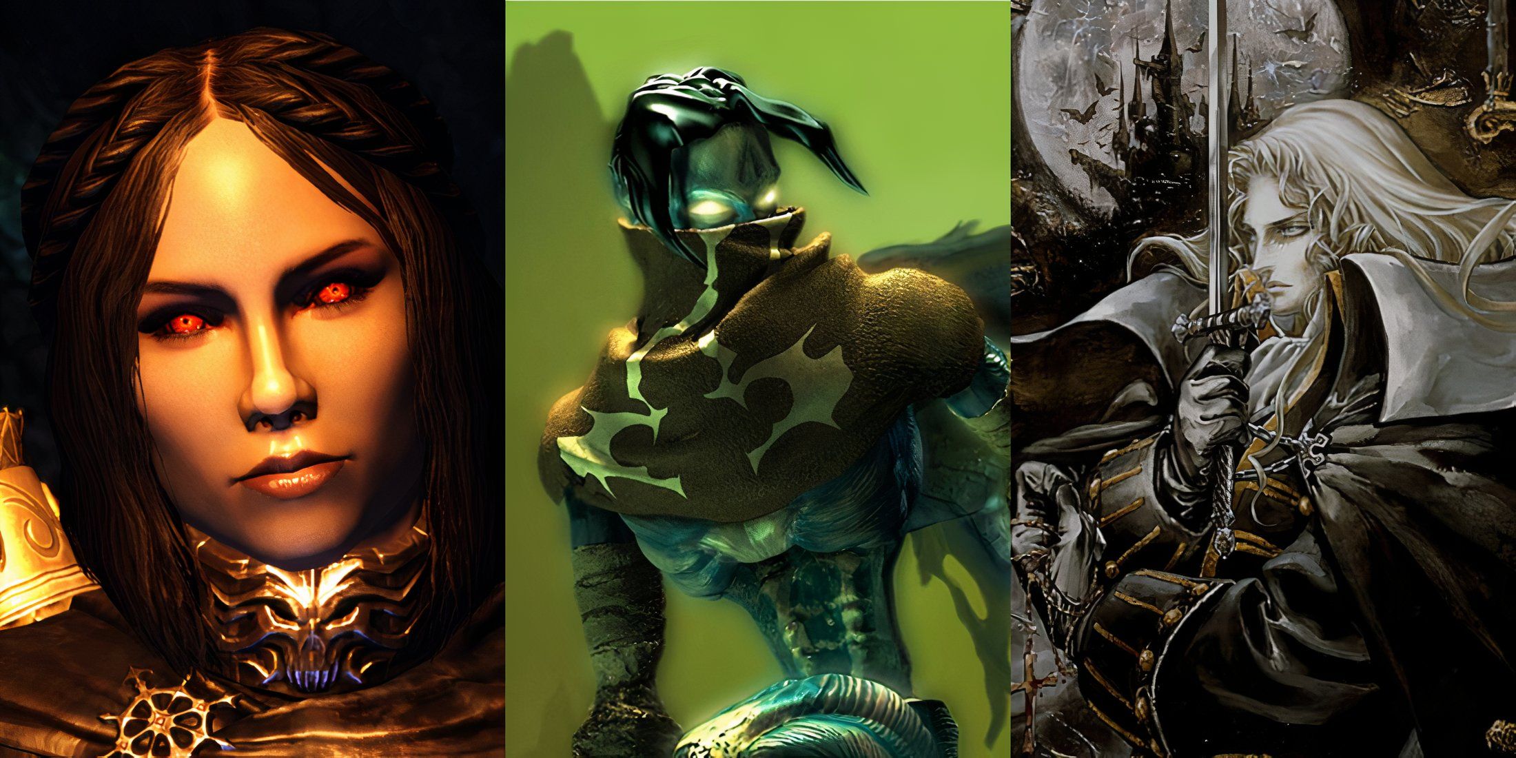 Feature image depicting Serana from Skyrim, Raziel from Legacy of Kain, and Alucard from Castlevania