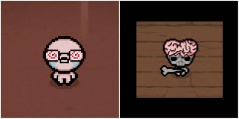 Split image showing Isaac's moded appearance when holding different passive items
