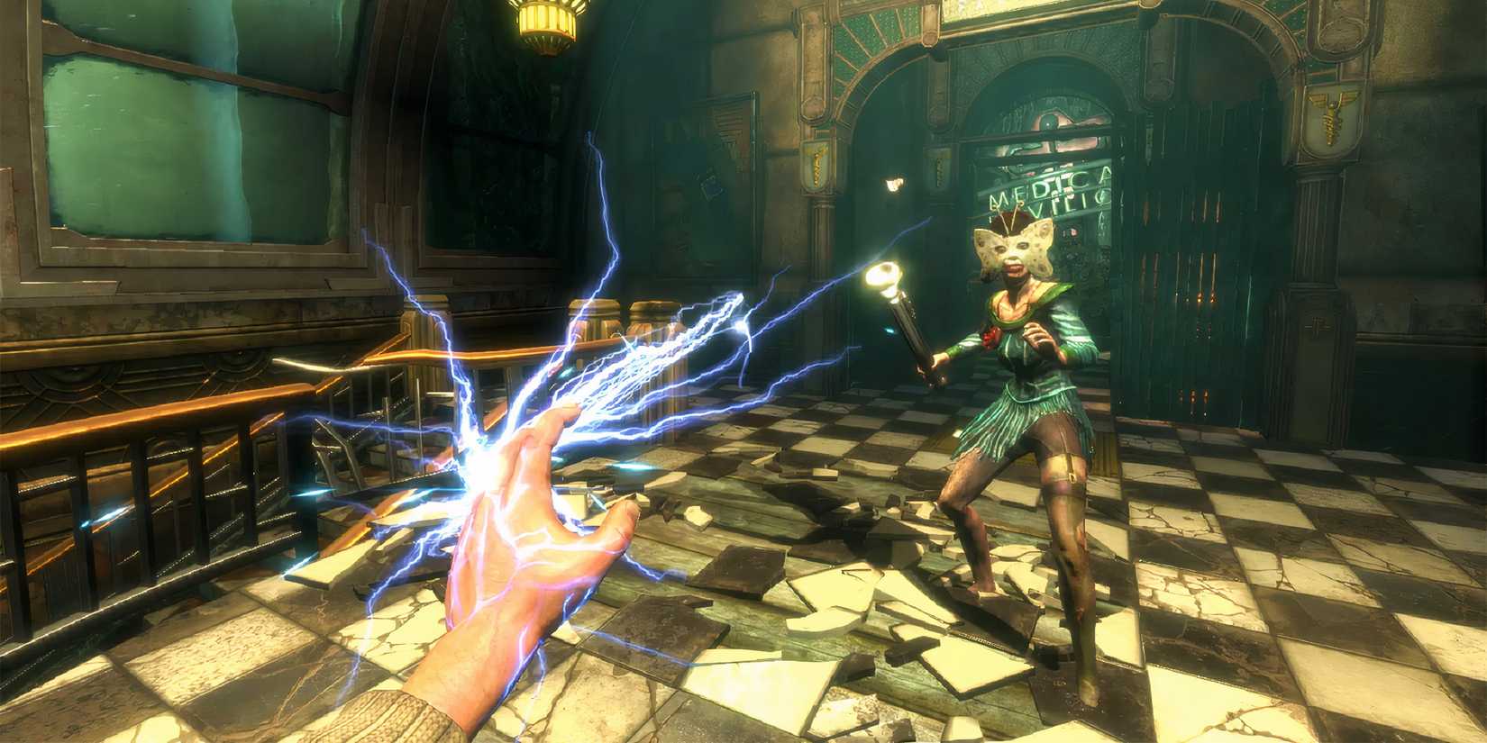 Using Electro Bolt against a Splicer in BioShock