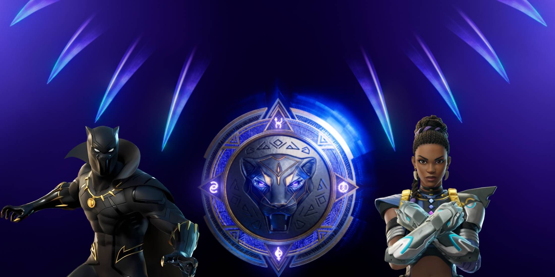 Black Panther and Shuri from Fortnite over the teaser image for EA's Black Panther