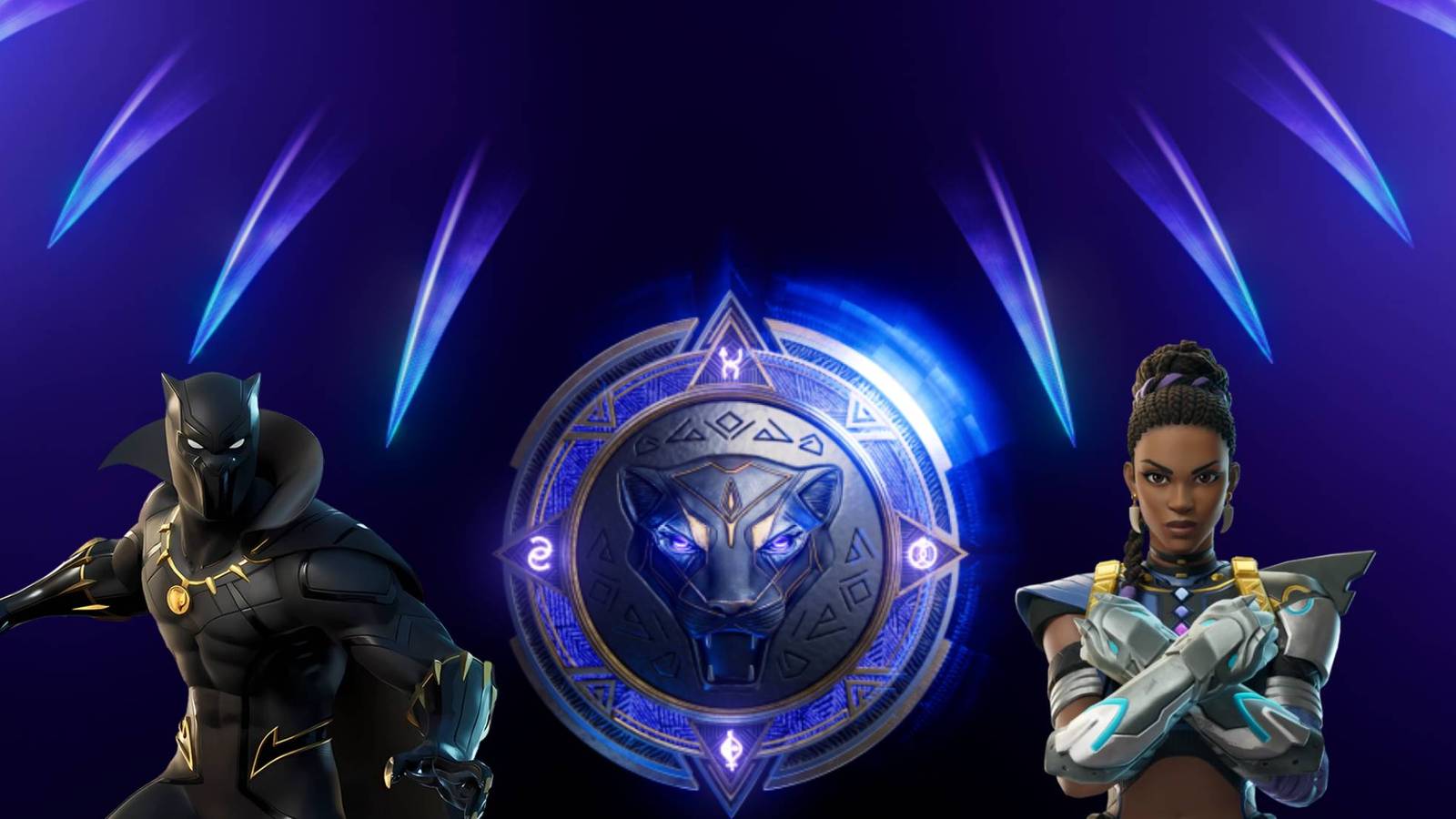 Black Panther and Shuri from Fortnite over the teaser image for EA's Black Panther