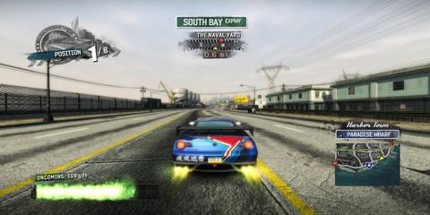 Boosting in a blue car in Burnout Paradise