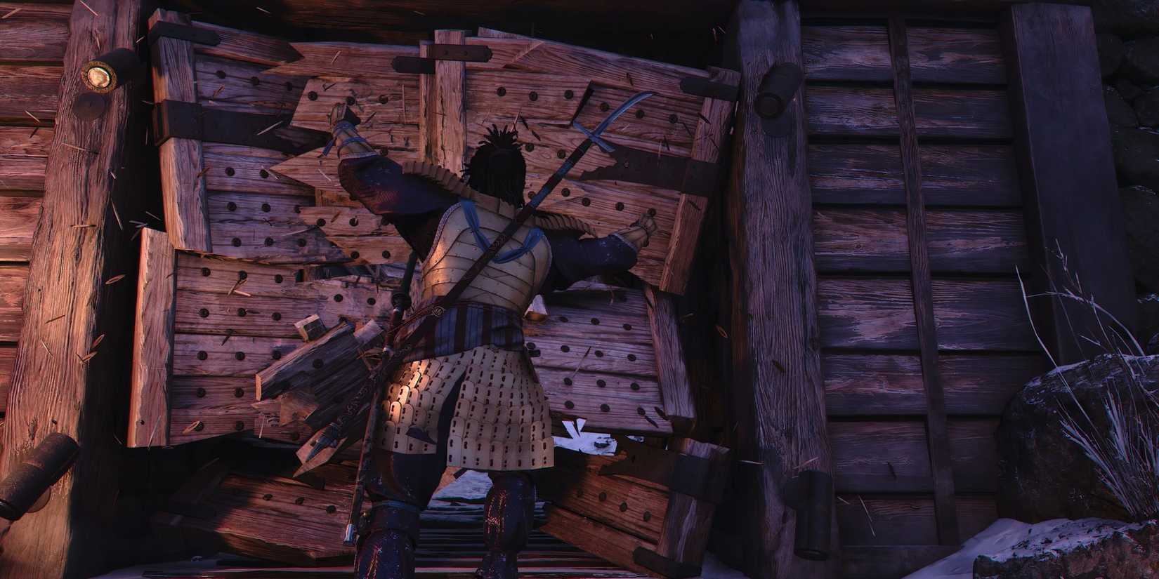 Breaking through a door in Assassin's Creed Shadows