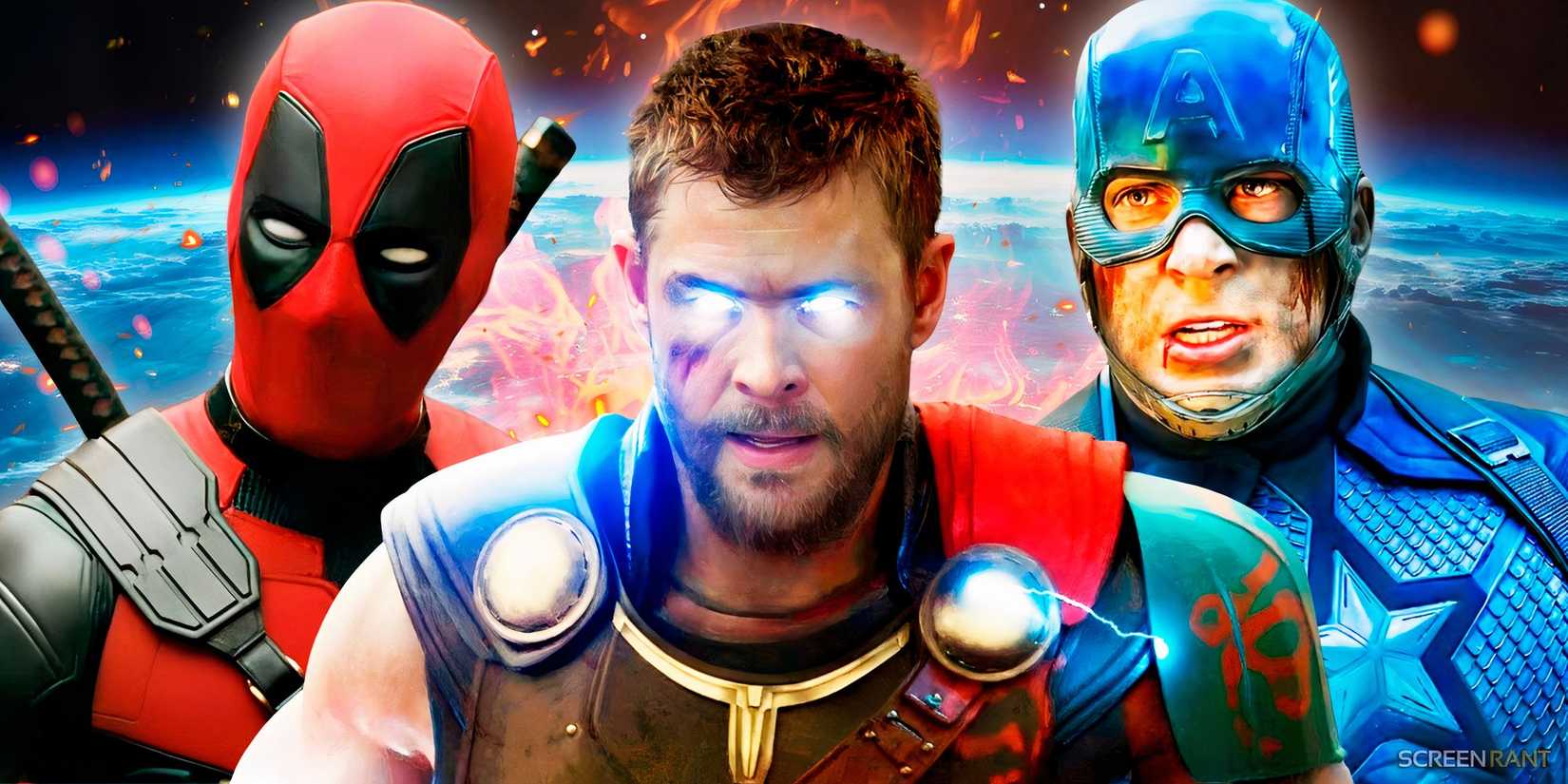 Captain America from Avengers_ Endgame, Deadpool from Deadpool & Wolverine and Thor from Ragnarok