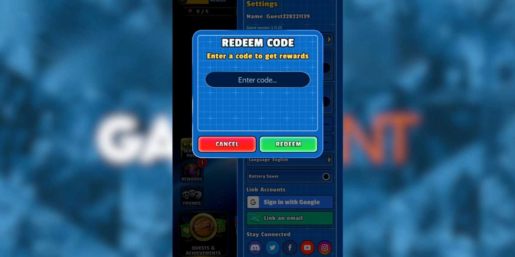 Cards the Universe and Everything - the codes tab