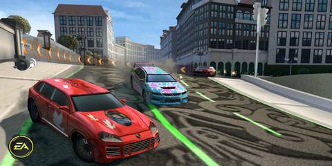 Cars racing in a street in Need for Speed Nitro