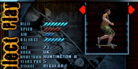 Character select screen in Tony Hawk’s Pro Skater