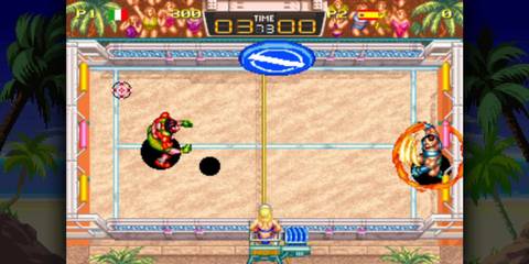 Characters playing beach volleyball in Windjammers