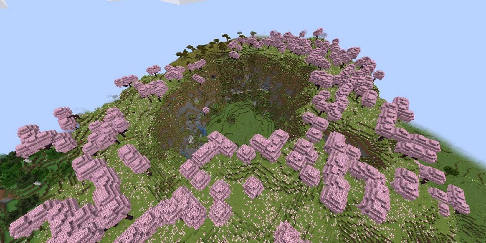Meadow crater surrounded by cherry blossom biome