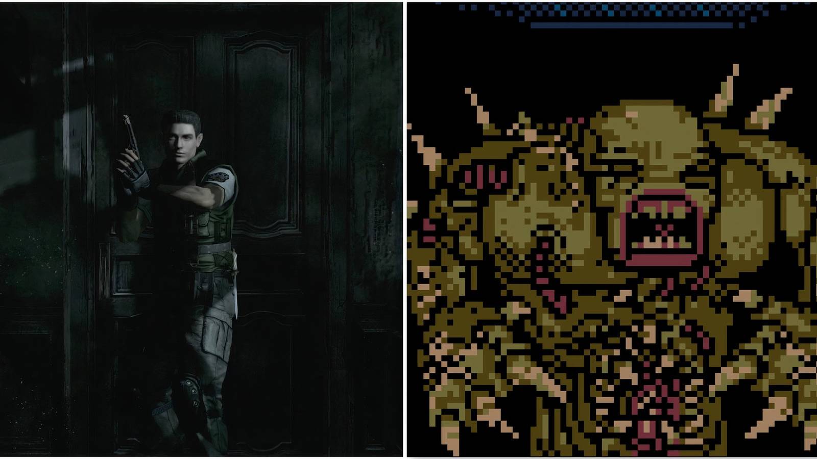Chris in Resident Evil Remake and Facing a monster in battle in Resident Evil Gaiden