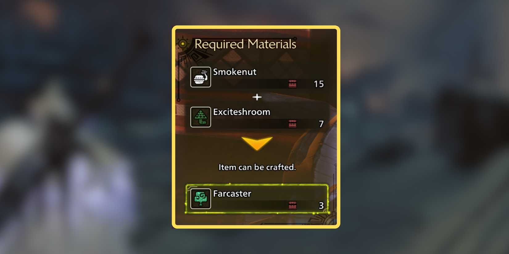 crafting a farcaster using smokenut and exciteshroom in monster hunter wilds