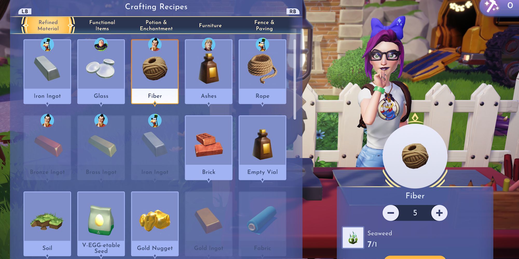 Crafting Fiber at a crafting station in Disney Dreamlight Valley's A Sandy Competition quest