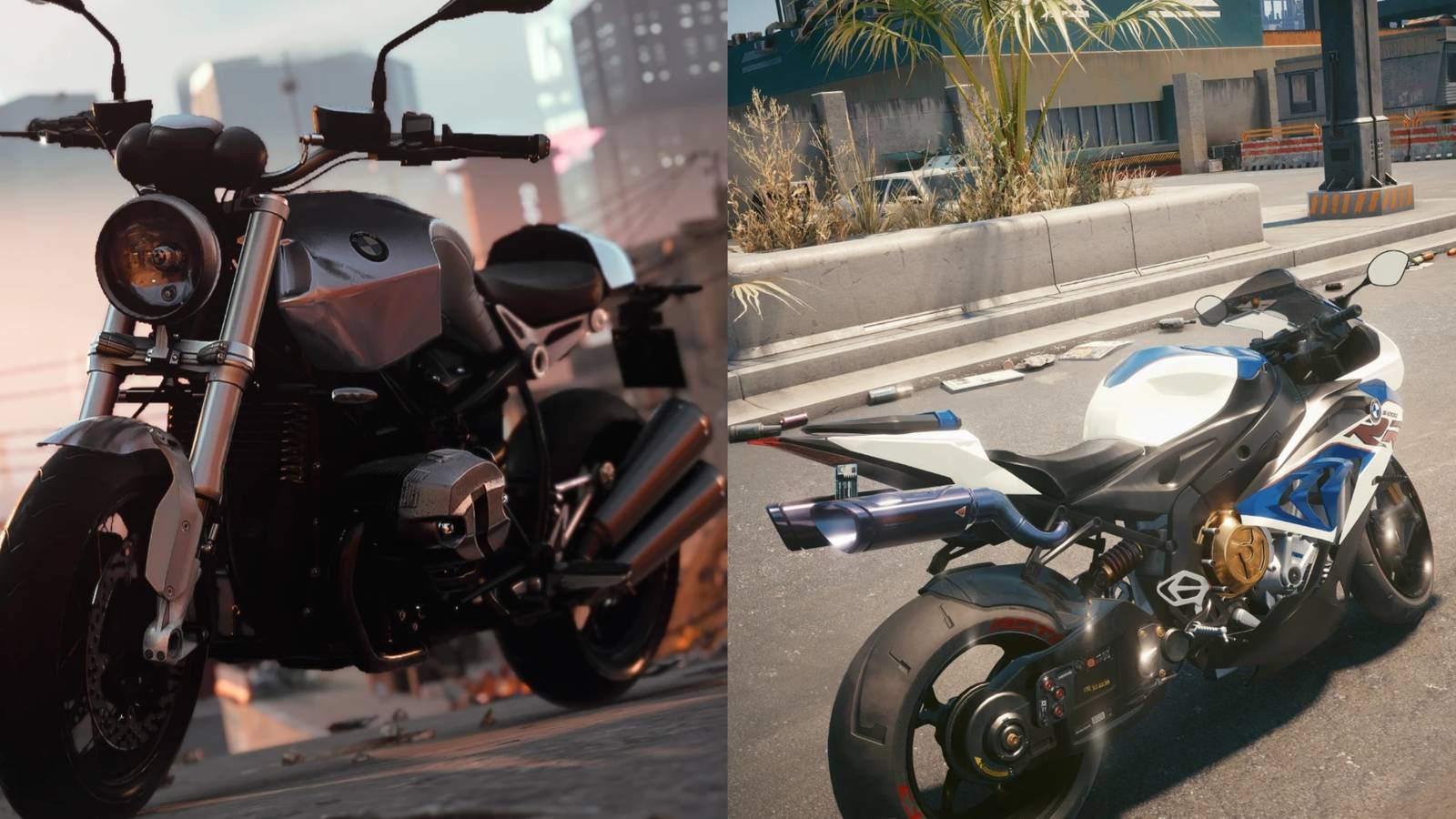 Cyberpunk 2077 collage of two different bike mods