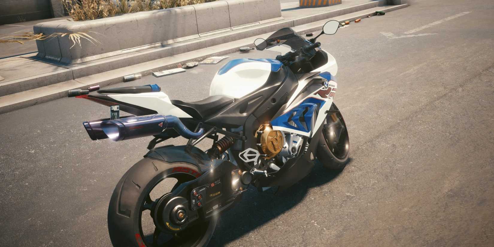 Cyberpunk 2077 BMW S1000RR parked on the road