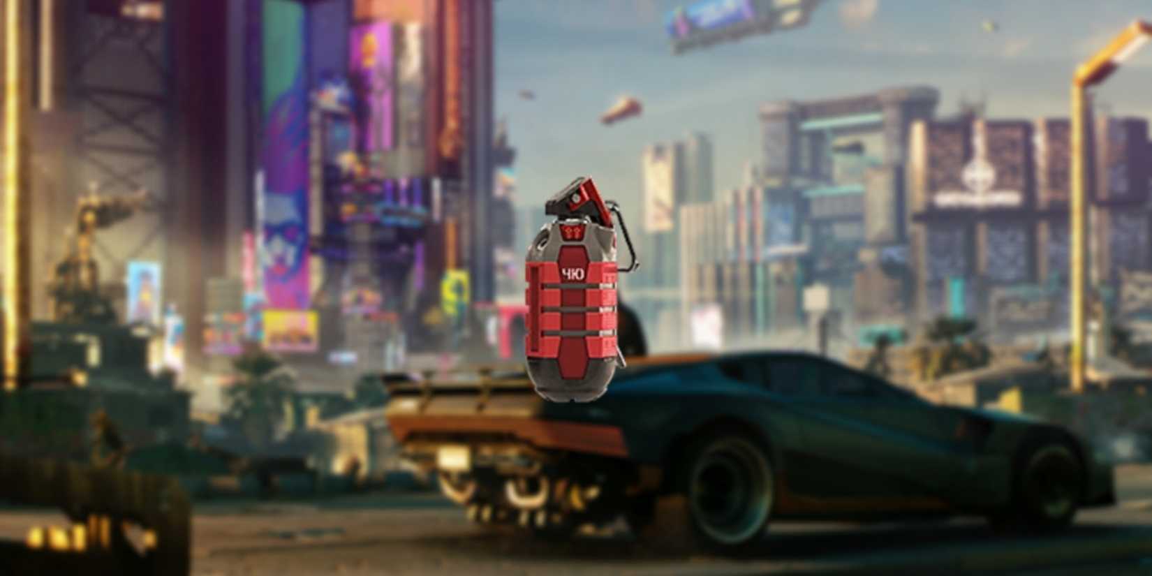 Cyberpunk 2077 Frag Grenade in the foreground with Night City in the background