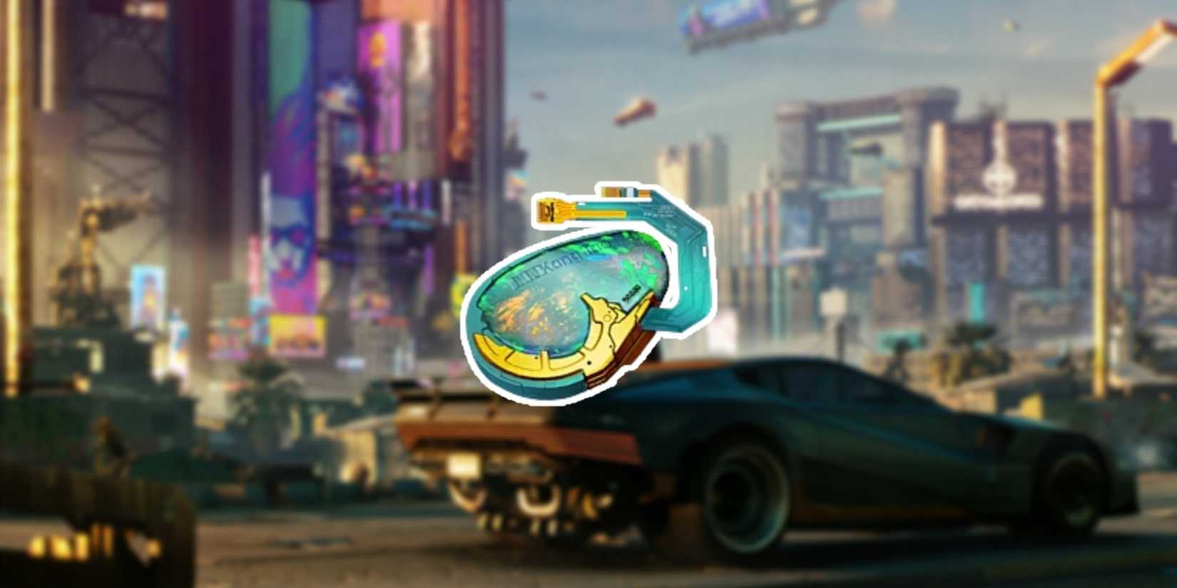 Cyberpunk 2077 Headhopper in the foreground with Night City in the background