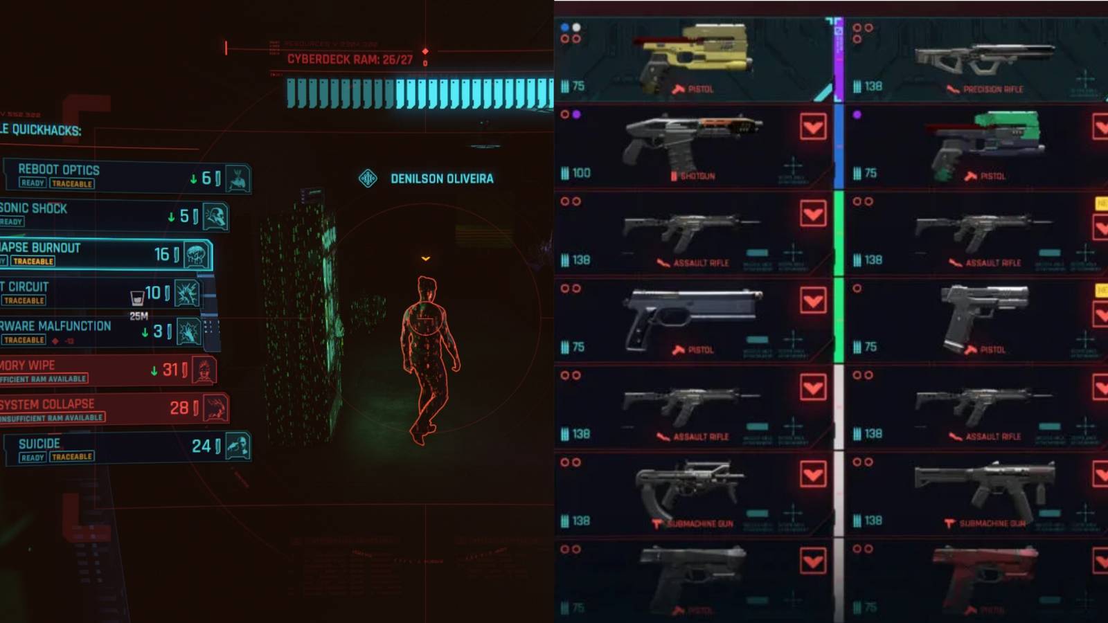 Cyberpunk 2077 collage showing a list of guns and the player hacking an enemy