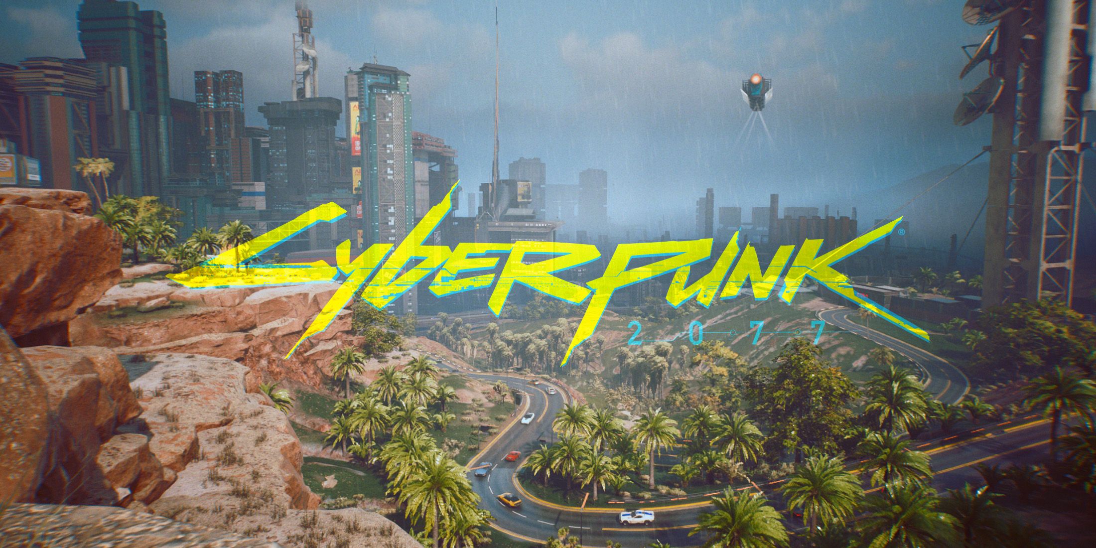 Cyberpunk 2077 palm drive hills 2x1 composite screenshot with game logo