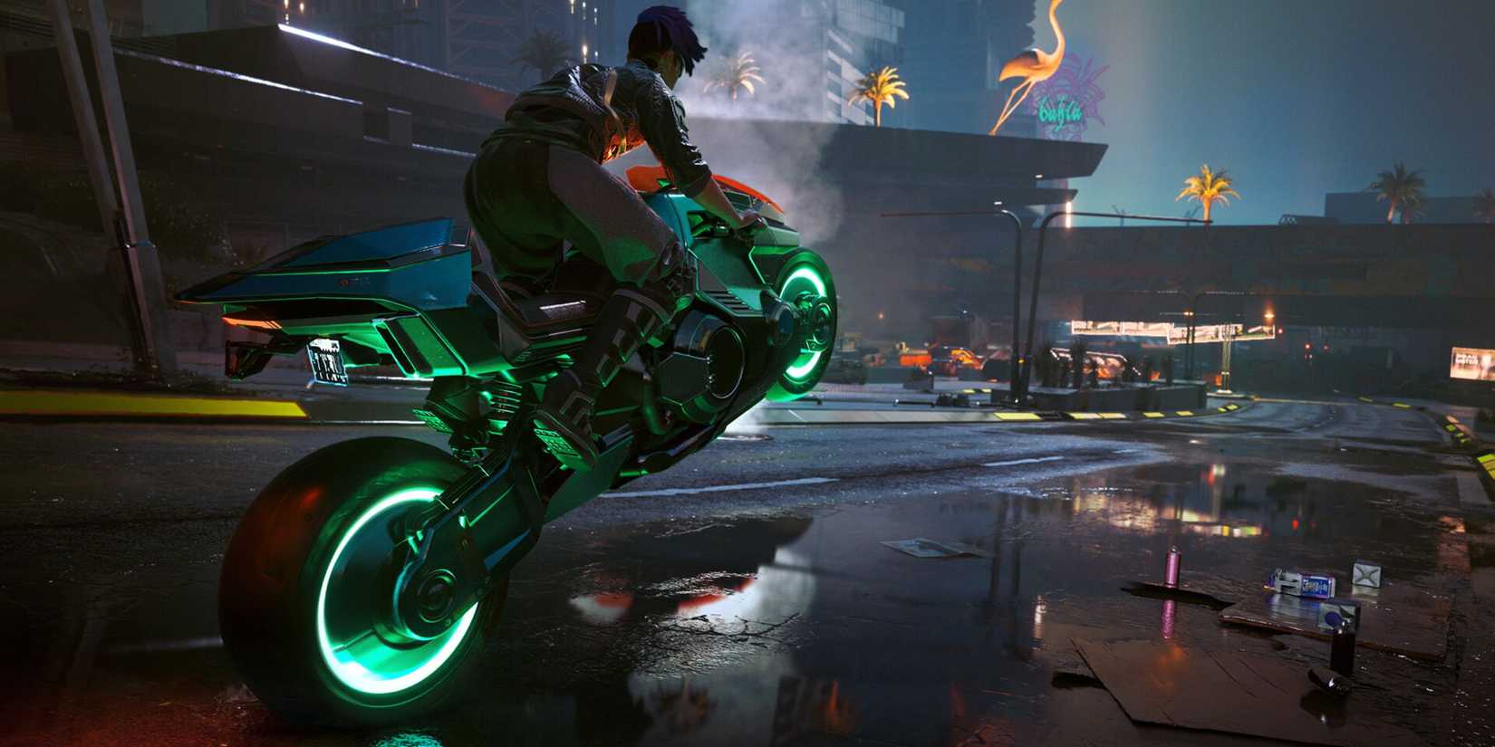 a character driving a bike in Cyberpunk 2077