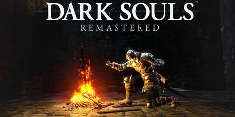 Dark Souls Remastered bonfire screenshot with white game logo 2x1 composite
