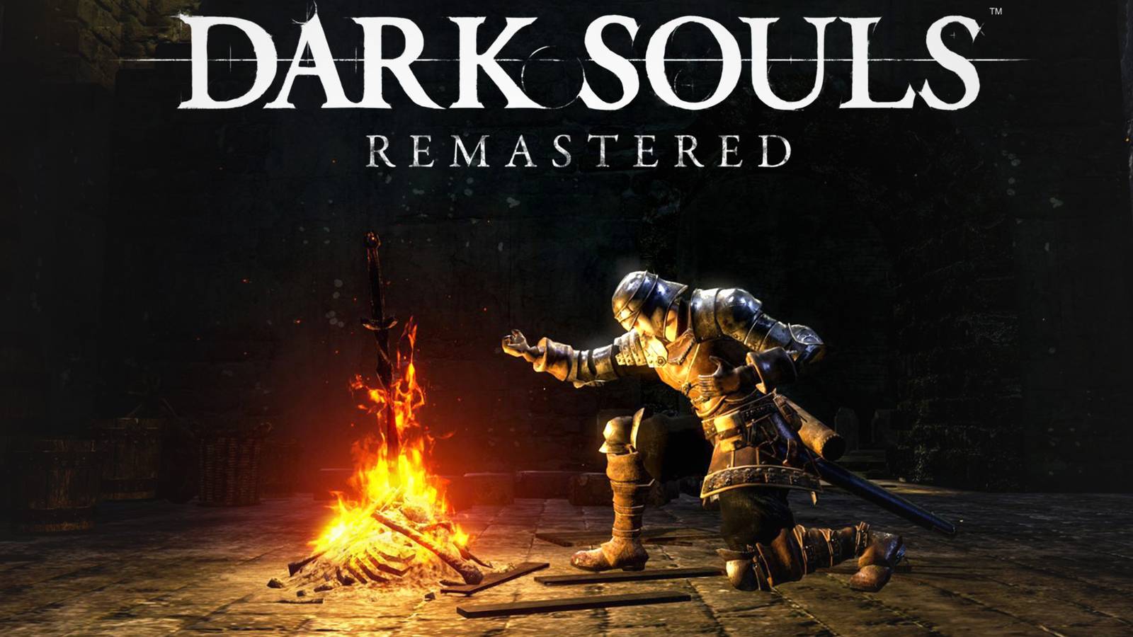 Dark Souls Remastered bonfire screenshot with white game logo 2x1 composite