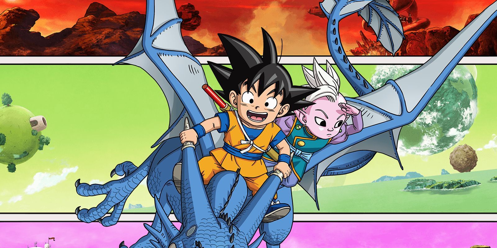 picture: goku and kaioshin riding a dragon in dragon ball daima promotional poster.