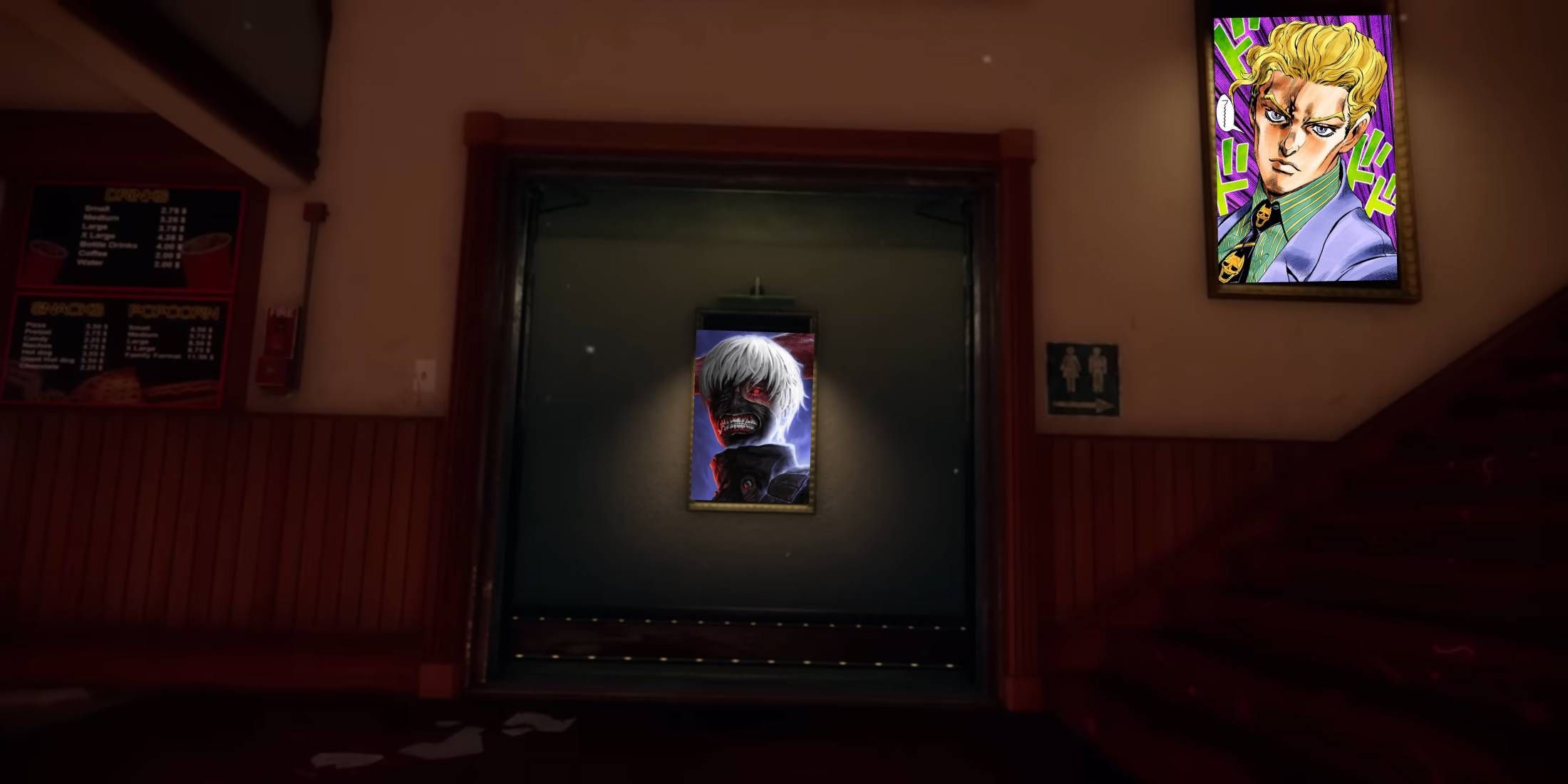 Ken Kaneki and Yoshikage Kira pictures in the Greenville Square theater from Dead by Daylight