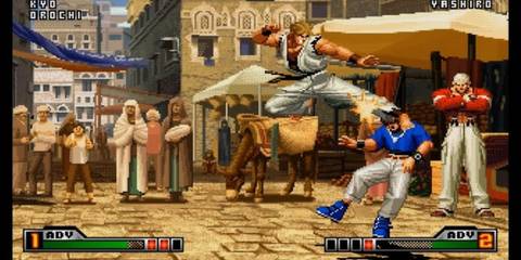 Delivering a flying kick in The King of Fighters 98 The Slugfest