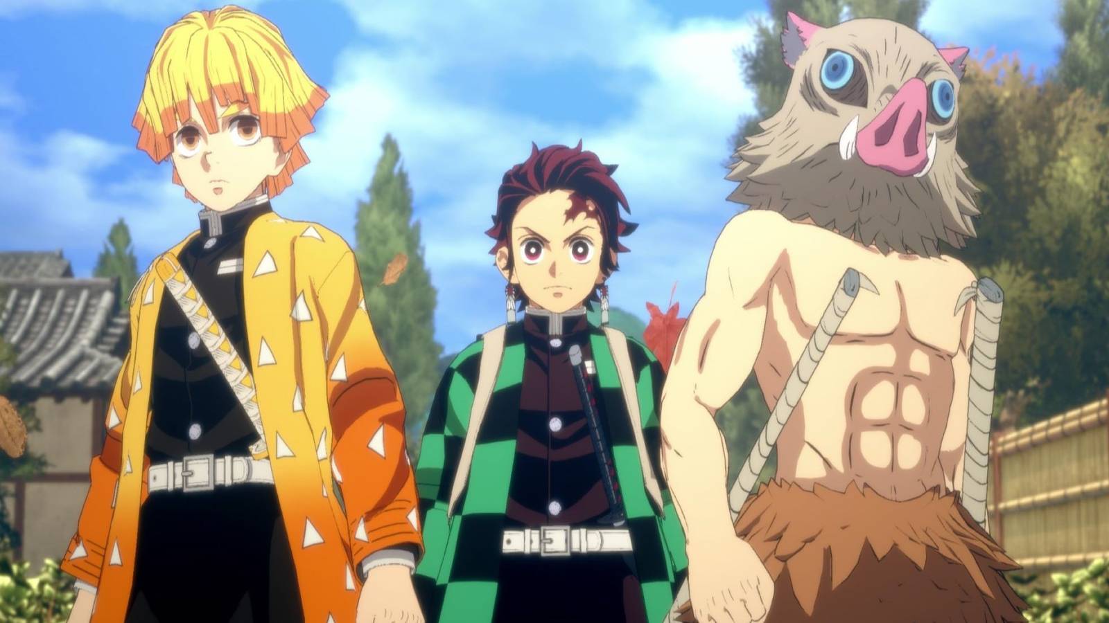 demon slayer protagonists tanjiro zenitsu and inosuke preparing for journey