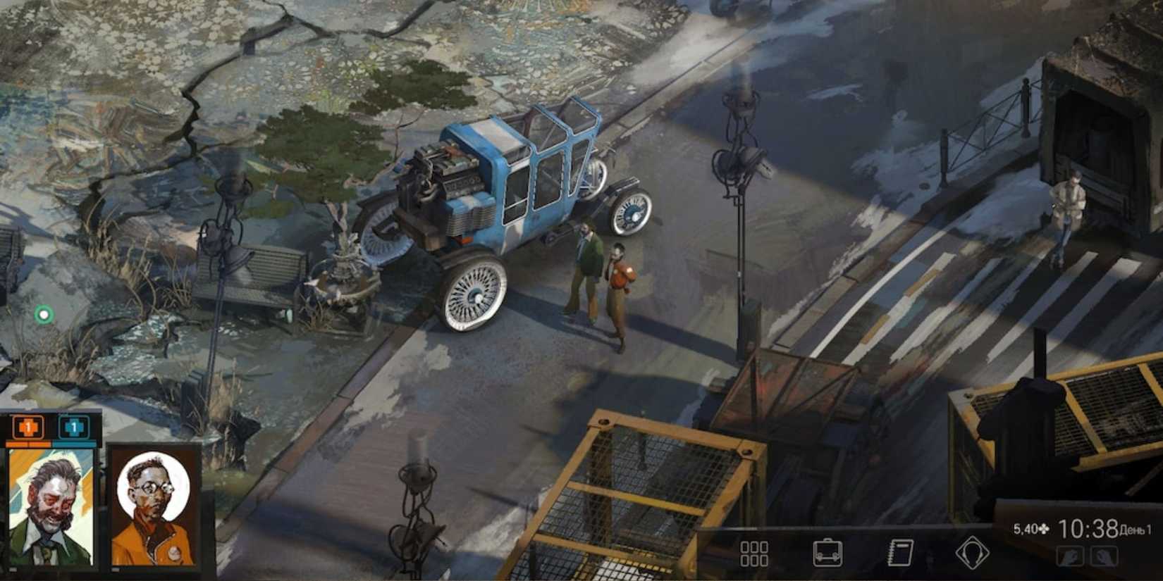 Walking through a city street in Disco Elysium