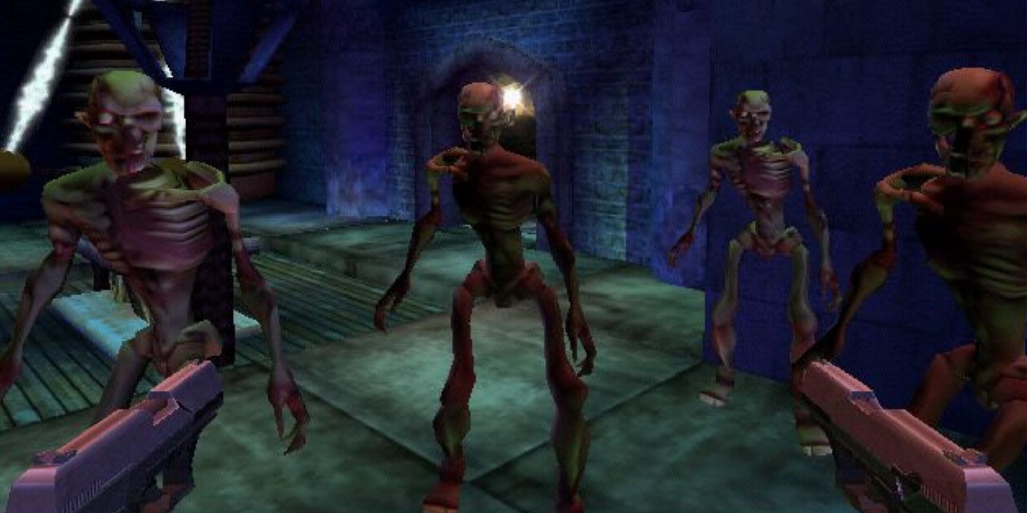 Dual wielding pistols against a bunch of skeleton enemies.