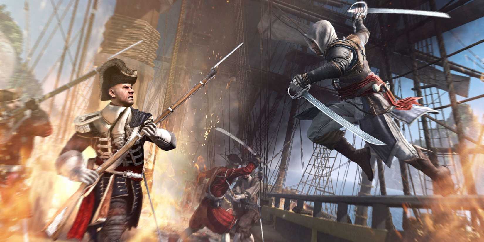 Edward Kenway fights a naval officer.