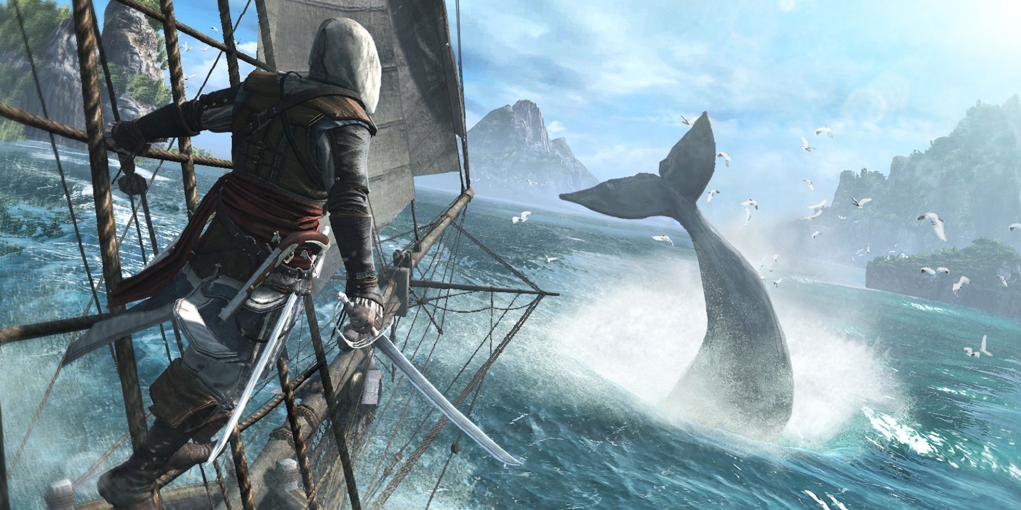 Edward sees a whale while riding on a ship in Assassin's Creed IV: Black Flag