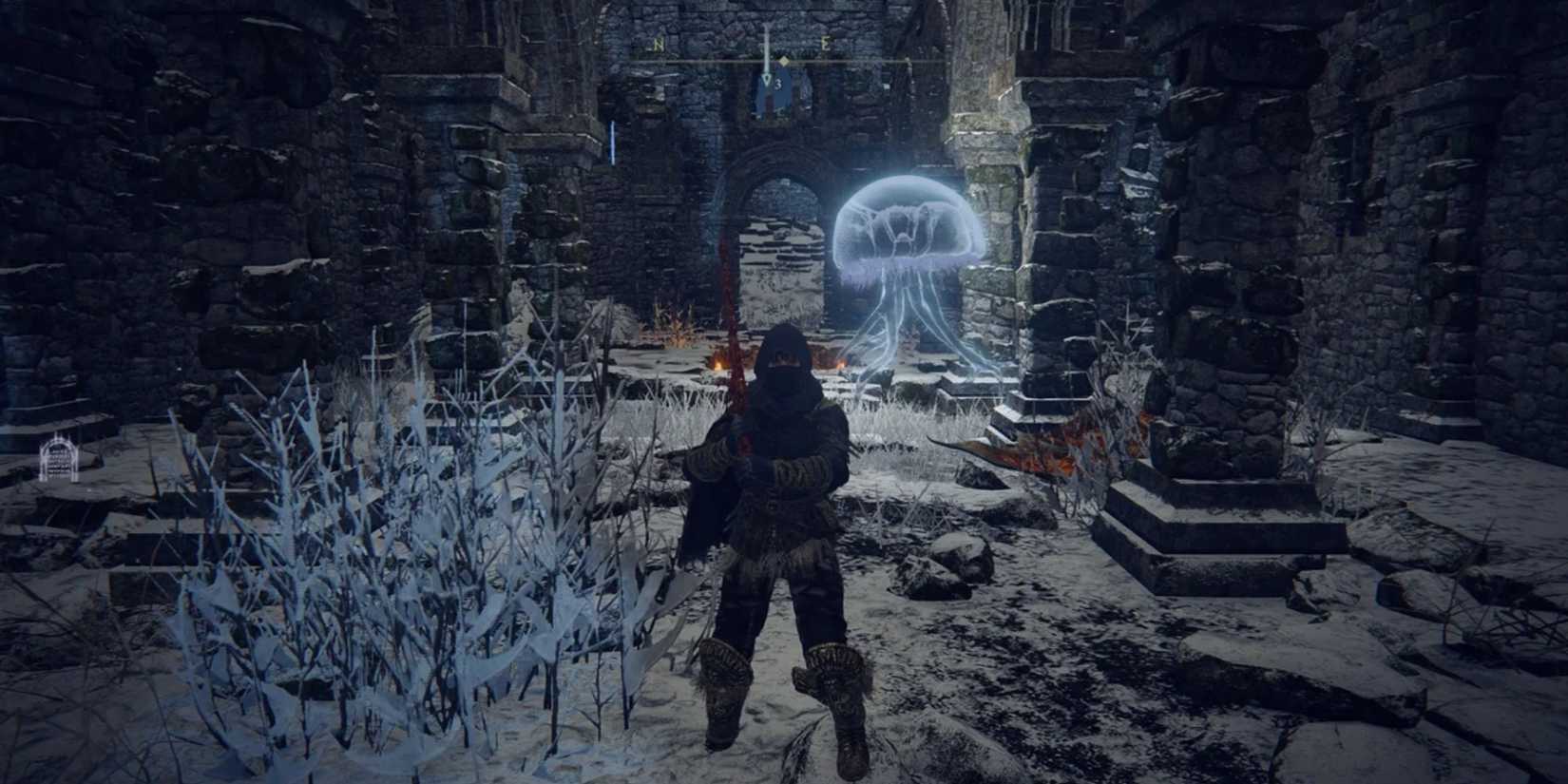 Elden Ring Aureliette floating inside ruins