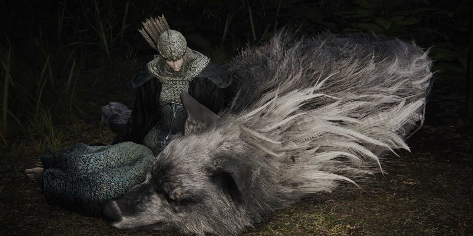 Elden Ring Latenna sitting next to a wolf