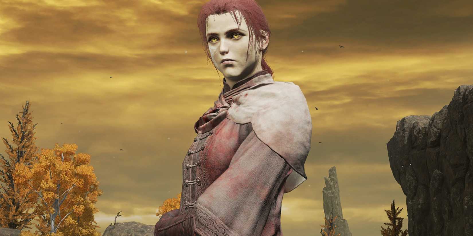 Elden Ring Millicent standing with the sky pictured behind her