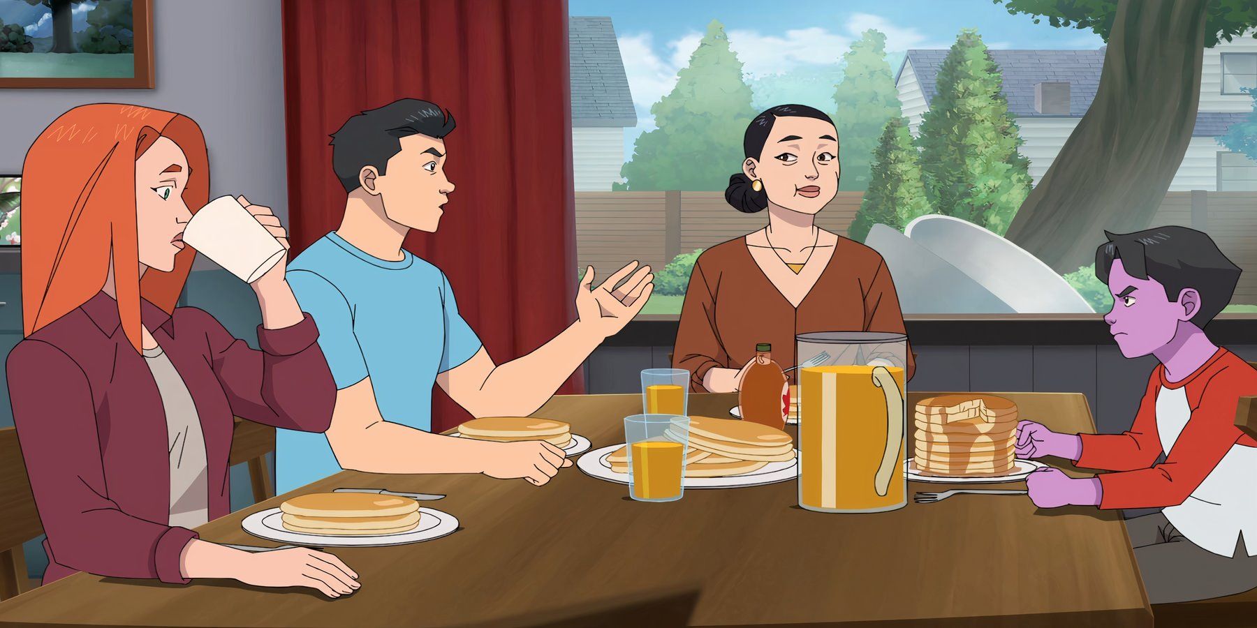 Eve, Mark, Debbie, and Oliver at the dinner table for breakfast in Invincible