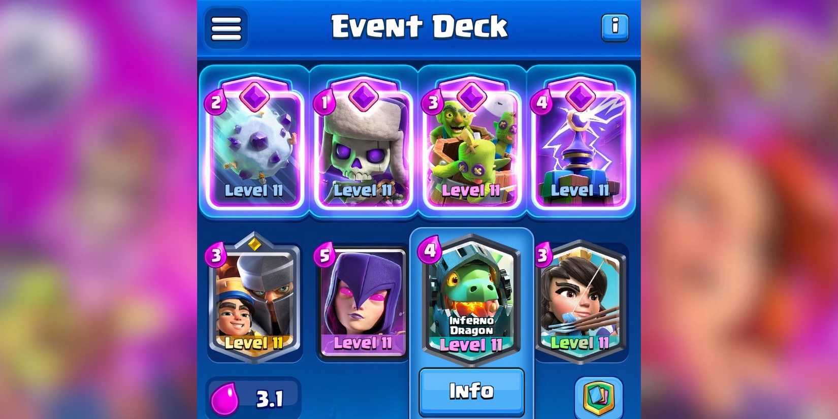 evolutions mayhem event deck three clash royale