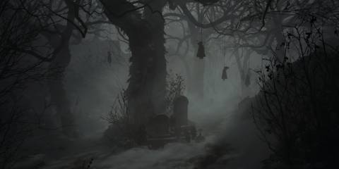 Exploring a graveyard in Resident Evil Village