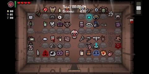 Isaac surrounded by a huge amount and variety of items
