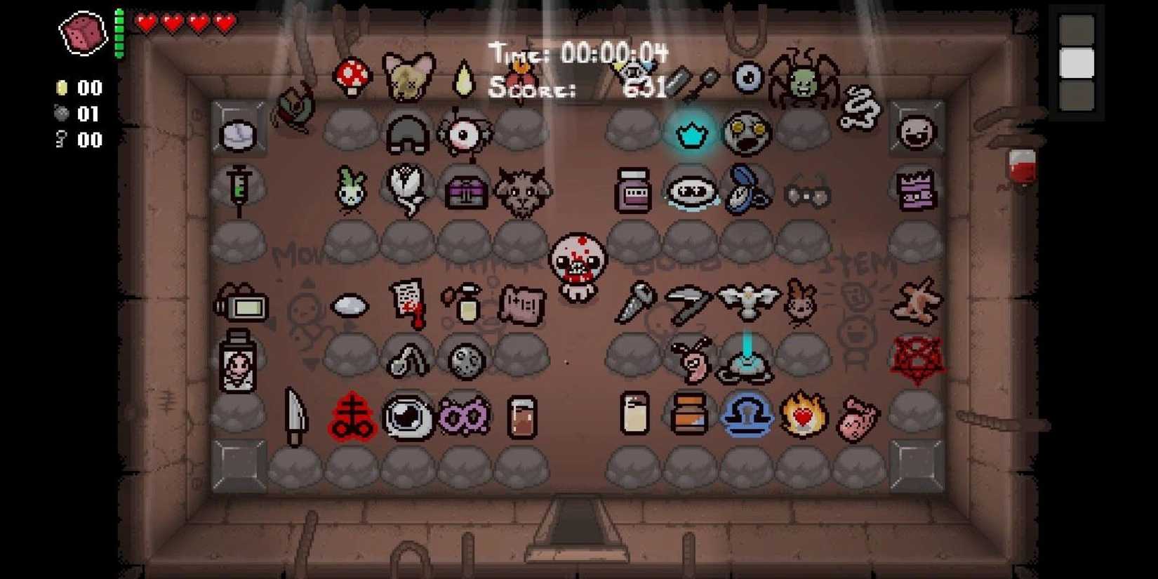 Isaac surrounded by a huge amount and variety of items