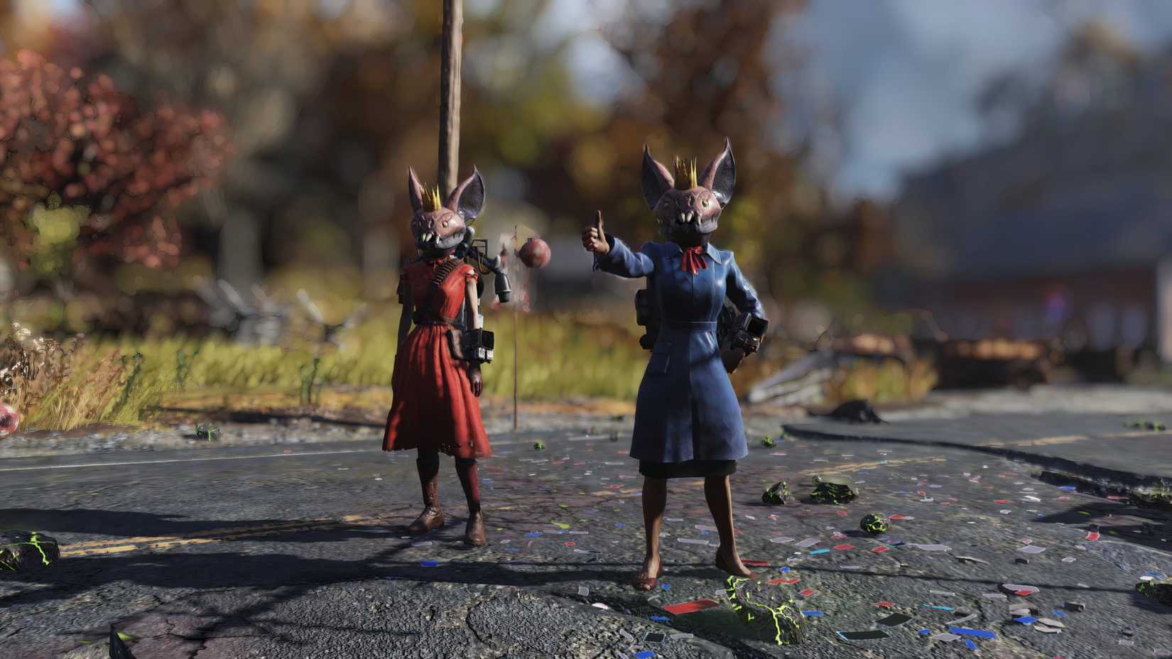 Fallout 76 two players at Fasnacht Day Parade Seasonal Public event Wearing Scorchbeast Queen Fasnacht Masks Rare Rewards