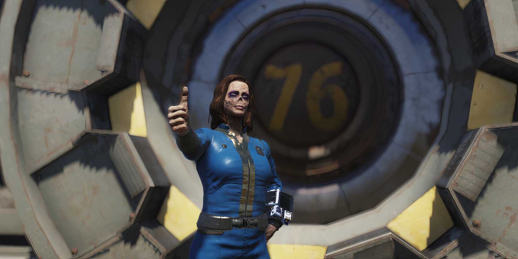 Fallout 76 Vault 76 with Ghoul Playable Character in Vault Suit Thumbs Up Pose