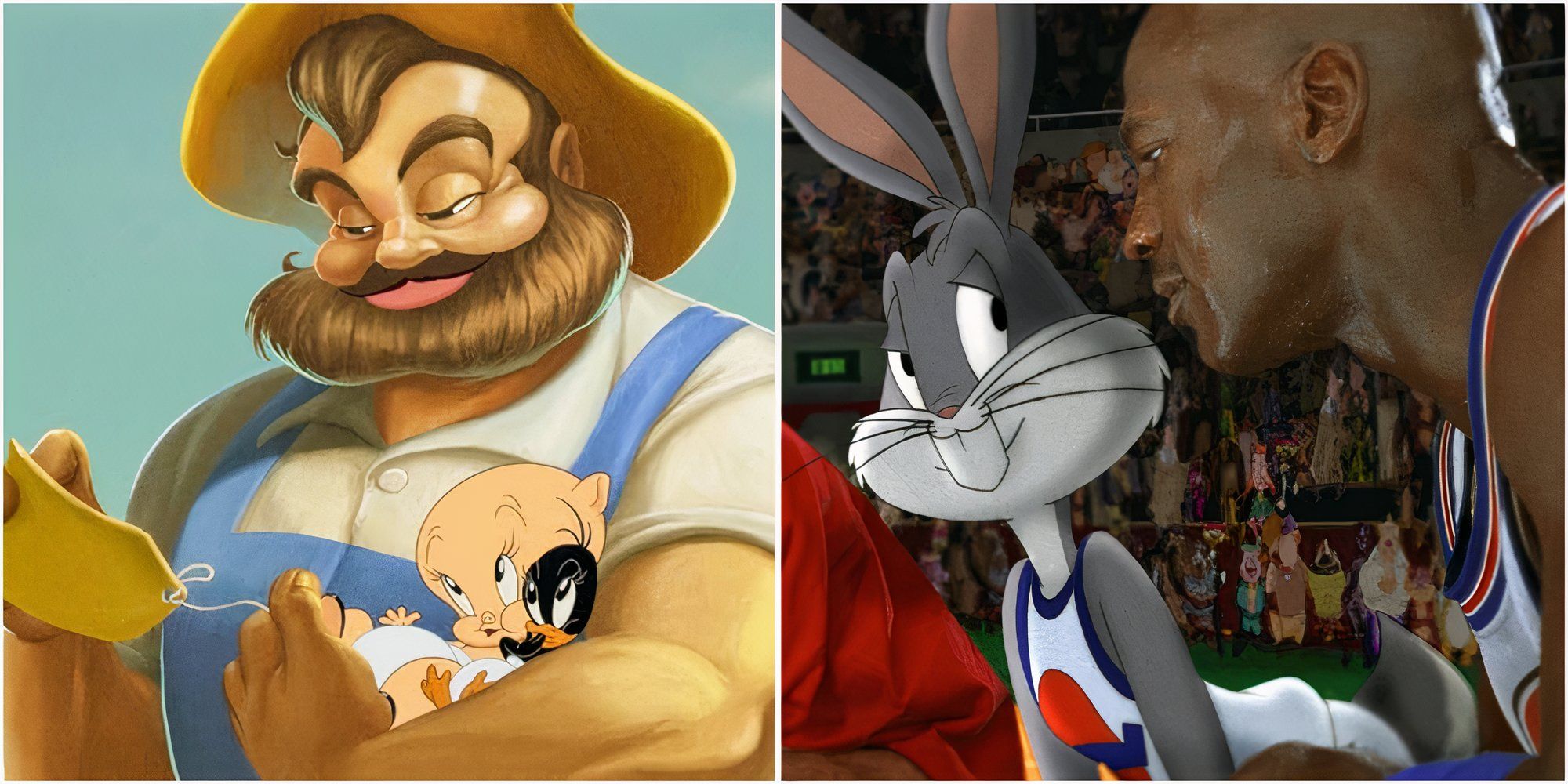 Farmer Jim finding Daffy and Porky in The Day the Earth Blew Up A Looney Tunes Movie and Bugs and Michael in Space Jam