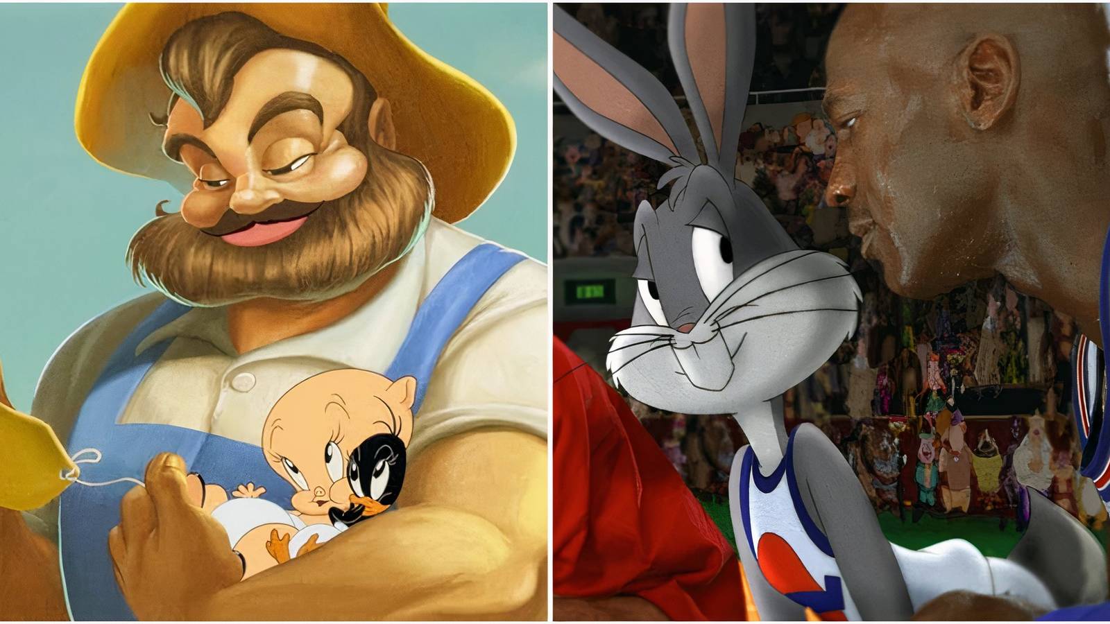 Farmer Jim finding Daffy and Porky in The Day the Earth Blew Up A Looney Tunes Movie and Bugs and Michael in Space Jam