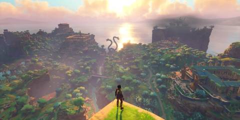 The player on a clifftop, looking over the Golden Isles.